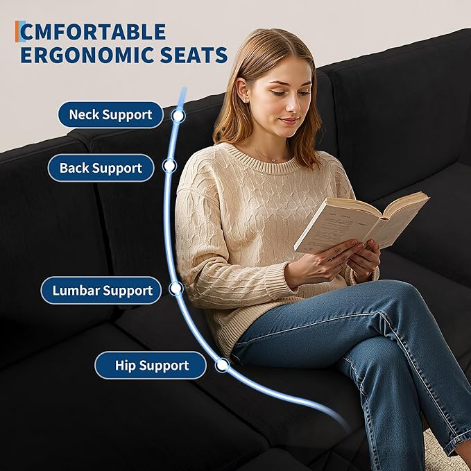 134" Modular Sectional Sofa, 4-Seat Cloud Couch with High-Density Cushions, L-Shaped Velvet Upholstered Sofa for Living Room and Apartment, Black