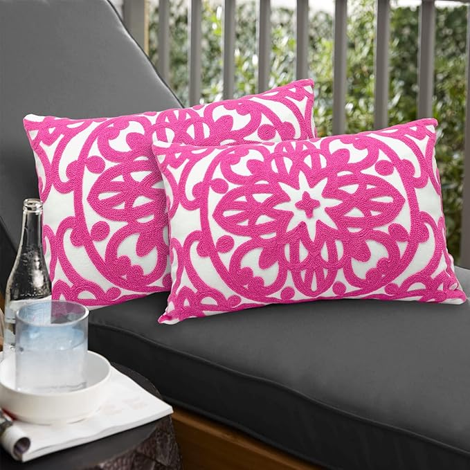 Alysheer Embroidered Lumbar Decorative Throw Pillow Covers 12"x 20" Set of 2, Classic Boho Mandala Embroidery Pattern Cotton Rectangular Cushion Case for Sofa Couch Bed Living Room(Bright Hot Pink)