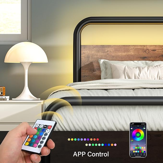 Catrimown King Size Bed Frame, Metal Rustic Bed Frame with LED Headboard, Rustic Industrial Heavy Duty Wooden Platform Bed Frame with Under Bed Storage, Noise Free, No Box Spring Needed, Black