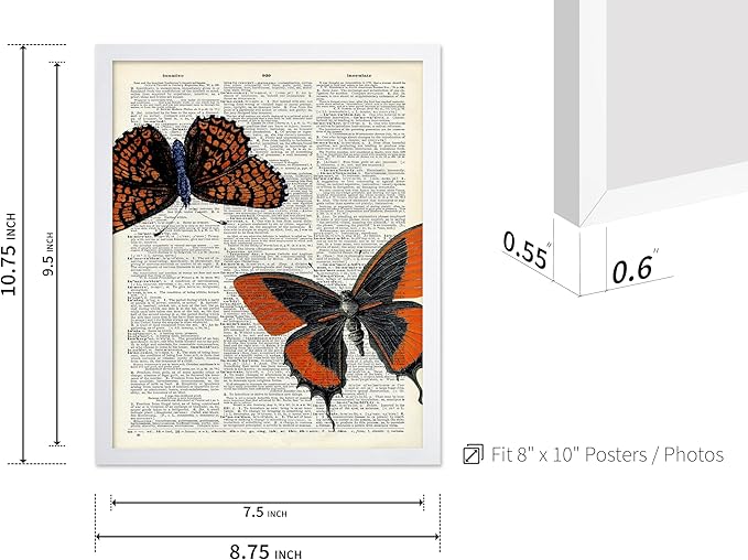 Poster Master Dictionary Art Poster - Butterflies Print - Moth Art - Butterfly Art - Insect Art - Gift for Men, Women & Animal Lover - Chic Decor for Living Room or Bedroom, 8x10 White Framed
