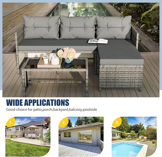 Vongrasig 3 Piece Patio Furniture Sets, All-Weather Wicker Outdoor Sofa Couch Sectional Set, Small Conversation Set for Patio, Garden w/Cushion, Glass Table, (Grey)