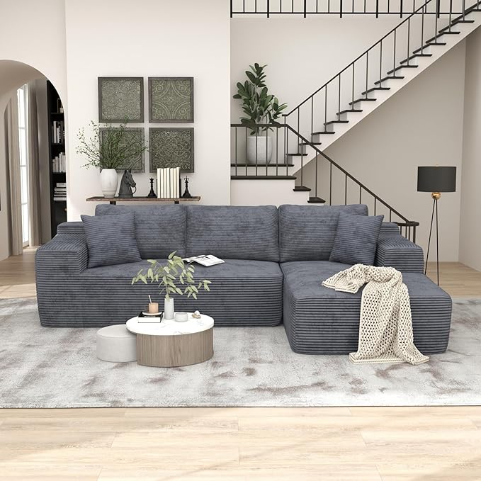 OC Orange-Casual 106.3" Cloud Sectional Couch with L-Shape Chaise,No Assembly Required Modular Sofa,Upholstered Boneless Couches for Living Room, Plush Corduroy Fabric (Grey, Right Facing Chaise)