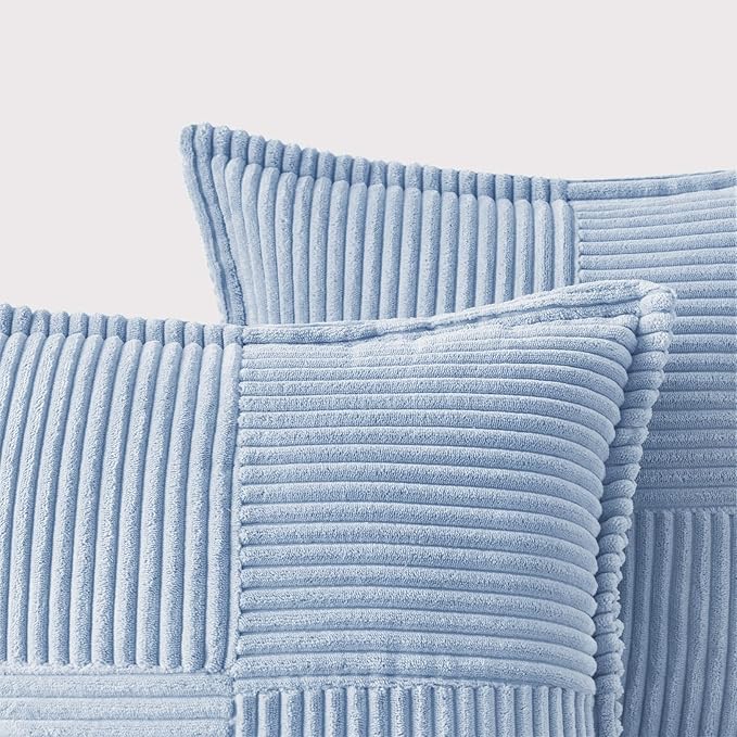 MIULEE Decorative Throw Pillow Covers for Couch Bed Livingroom 18x18 Inch Set of 2 Baby Blue Boho Accent Throw Pllows Broadside Striped Patchwork Soft Corduroy Pillowcases