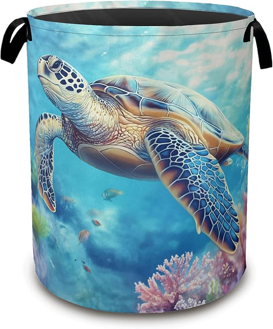 Sea Turtle Laundry Hamper,Collapsible Laundry Baskets,Colorful Coral Dirty Clothes Baskets with Handles,Oxford Cloth Hamper for Bedroom,Bathroom,College Dorms, 16"x20"