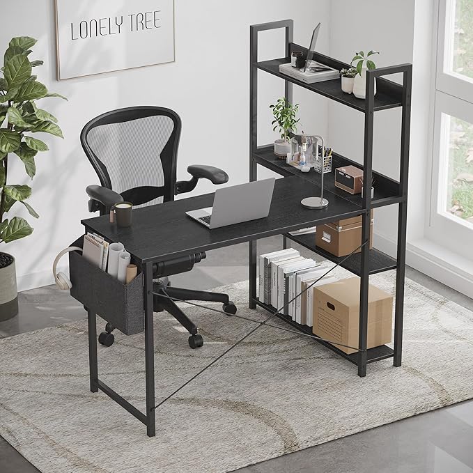 Treesland 55 Inch Computer Desk with Storage Shelves, L Shaped Desk with Storage, Corner Desk with Storage, Home Office Desks, Bookshelf Desk, Writing Study Desk for Bedroom, Black