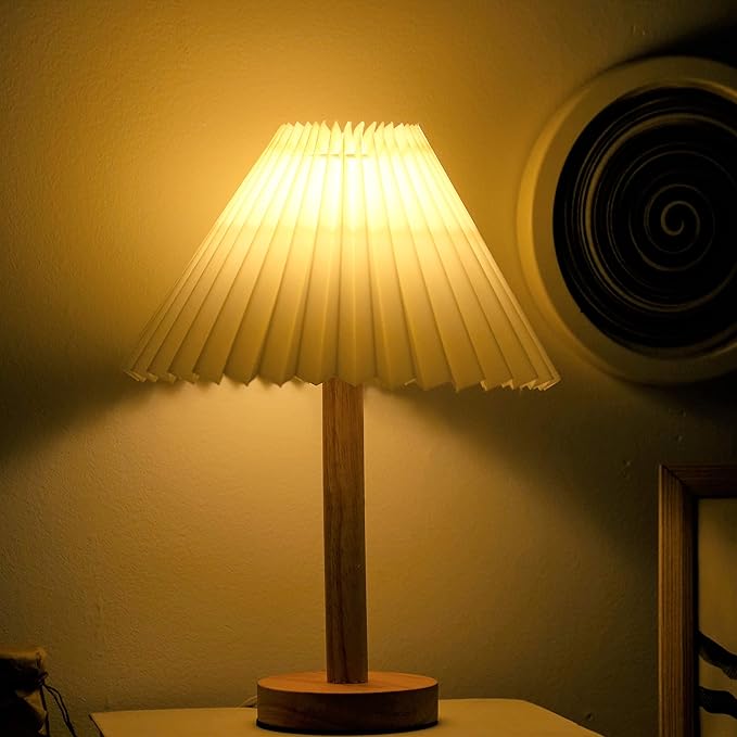 Zenply Small Table Lamp, Bedside Nightstand Mini Lamp for Bedroom Living Room Side Table Small Spaces, Pleated Aesthetic Vintage Lamp Warm White LED Bulb Included