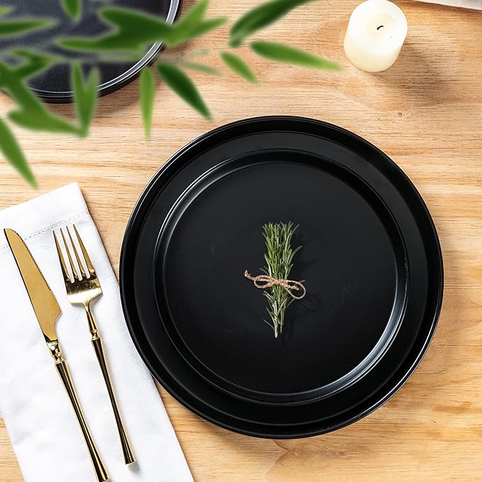 AmorArc Ceramic Dinnerware Sets for 4, Modern Flat Stoneware Plates and Bowls Sets,Chip and Crack Resistant Dishwasher & Microwave Safe Dishes Set,Scratch Resistant- Service for 4 -Matte Black (12pcs)