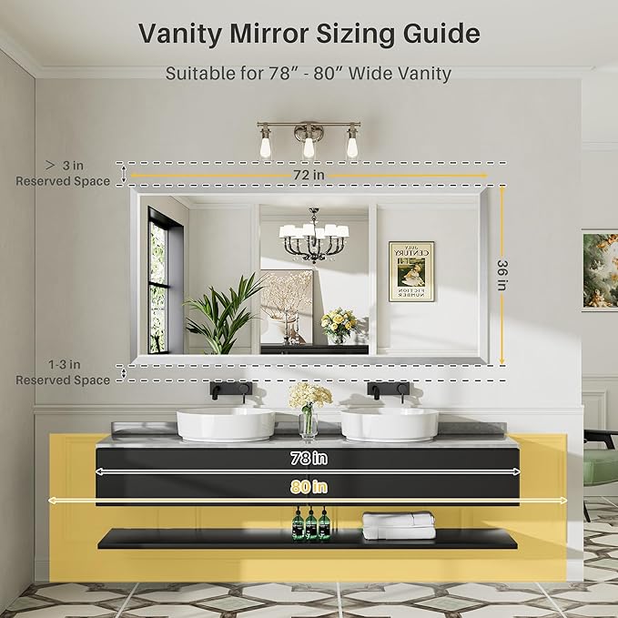 72x36 Inch Silver Bathroom Mirror for Wall, Thick Metal Framed Rectangle Mirrors for Over Sink, Bedroom, Living Room, Entryway, Anti-Rust, HD Tempered Glass