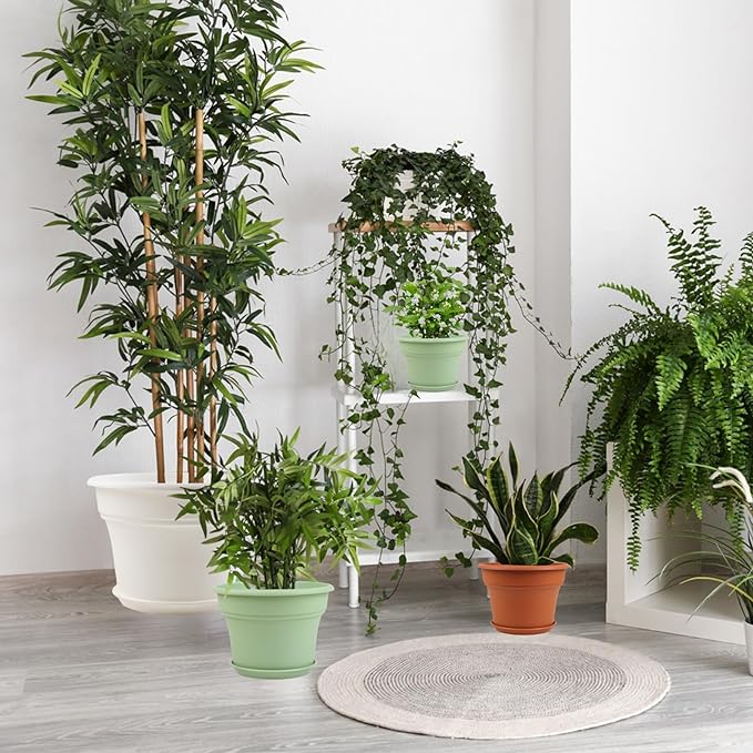 16 inch Plastic-Flower-Pot-for-Indoor-Plants, 4 Pack Large Outdoor Planter Pot with Drainage Holes & Saucers, Resin Decorative Garden Pots Planters