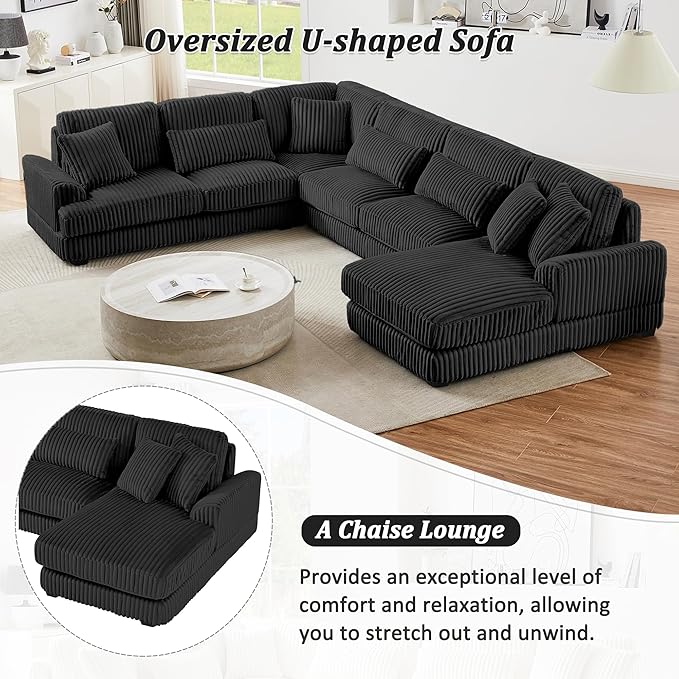 129" Sectional Sofa U Shaped Sofa Modern 5 Seat Couch Upholstered Couches with Chaise Lounge for Living Room, Black