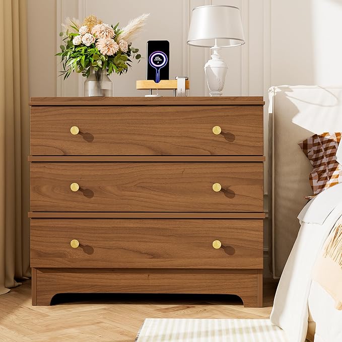 3 Drawer Nightstand with Charging Station, 28" Farmhouse Night Stand & Modern 3 Drawer Dresser for Bedroom,Wood Nightstands Storage Cabinet for Living Room, Hallway, Entryway, Home Office, Brown