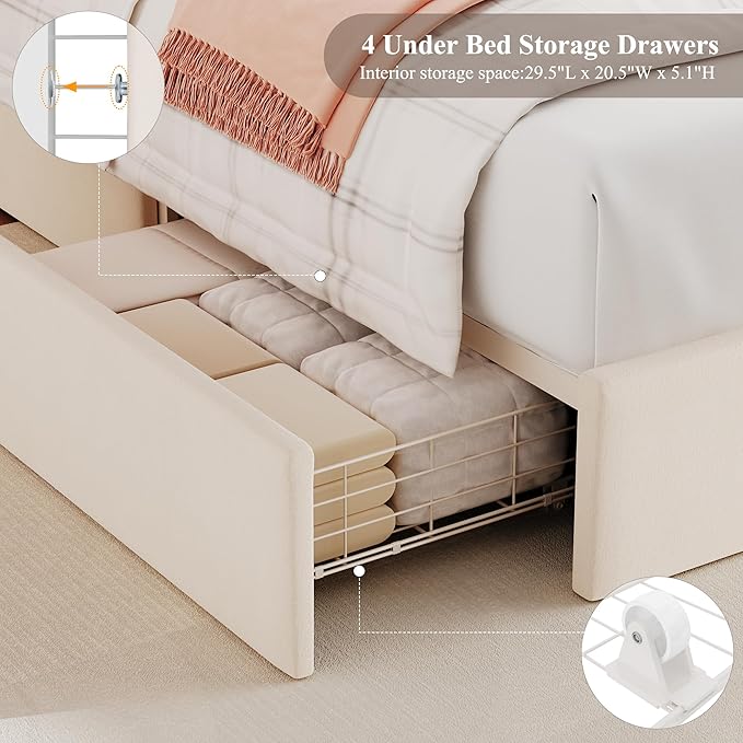 HOSTACK Full LED Bed Frame with Storage Headboard and Charging Station, Kids Bed Frame with 4 Drawers and USB Ports, Velvet Upholstered Platform Bed Frame with Bookcase, No Box Spring Needed, Cream