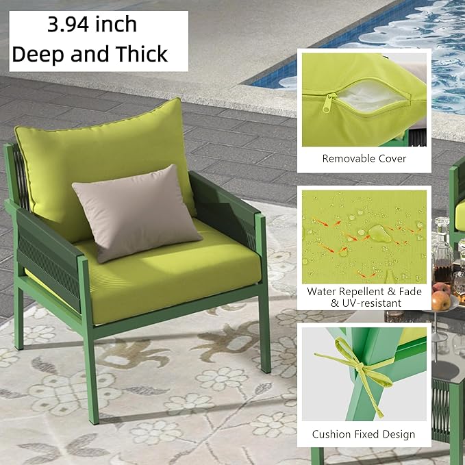 4-Piece Rope Outdoor Furniture Set, Patio Conversation Set with Tempered Glass Table, Rope-Woven Furniture Set with Deep Seat Design for Backyards, Balconies, Fluorescent Yellow & Green