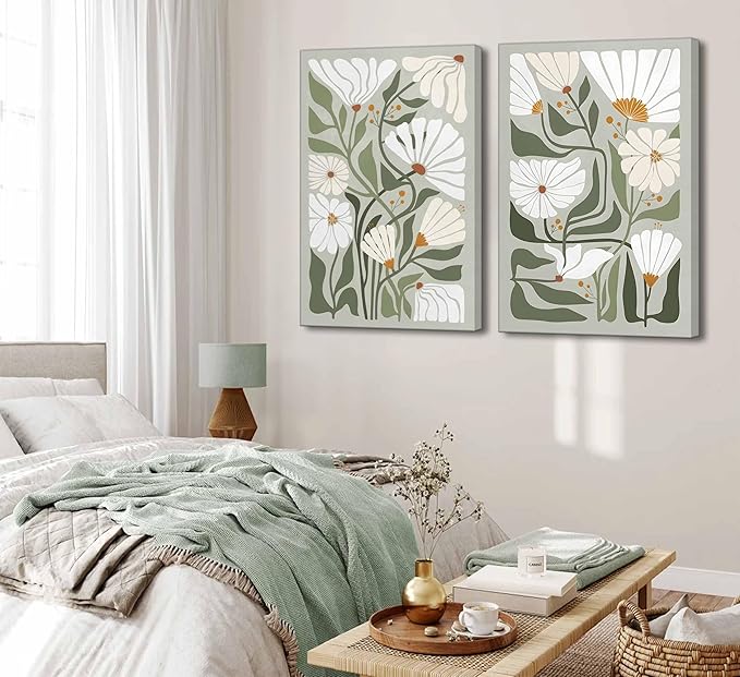 2 Pcs Boho Wildflowers Canvas Wall Art Green Bohemia Abstract Floral Botanical Painting Picture Wall Decor Poster Print Artwork for Living Room Bedroom Bathroom Home Decoration