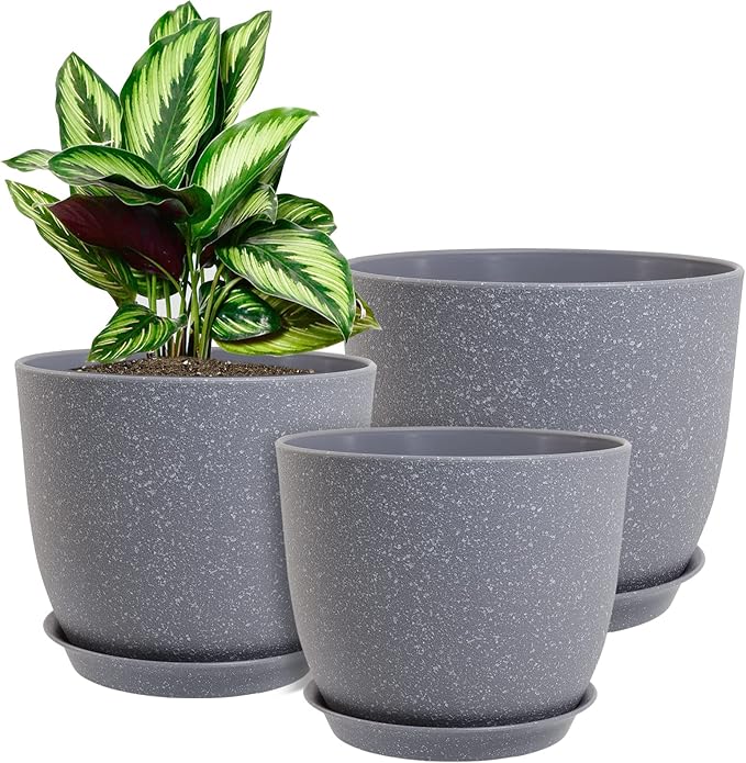 WOUSIWER Plant Pots 10/9/8 inch, Set of 3 Modern Decorative Plastic Planters with Drainage Holes and Saucers for House Plants Indoor Flowers Plants, Grey Speckles
