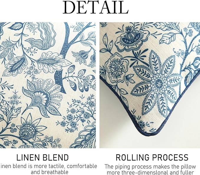 Design Linen Square Throw Pillow Covers 18"x18" Pack of 2, French Country Cushion Covers with Blue Toile de Jouy Floral Pattern Decoration Pillowcases for Bed, Living Room, Outdoor, Car