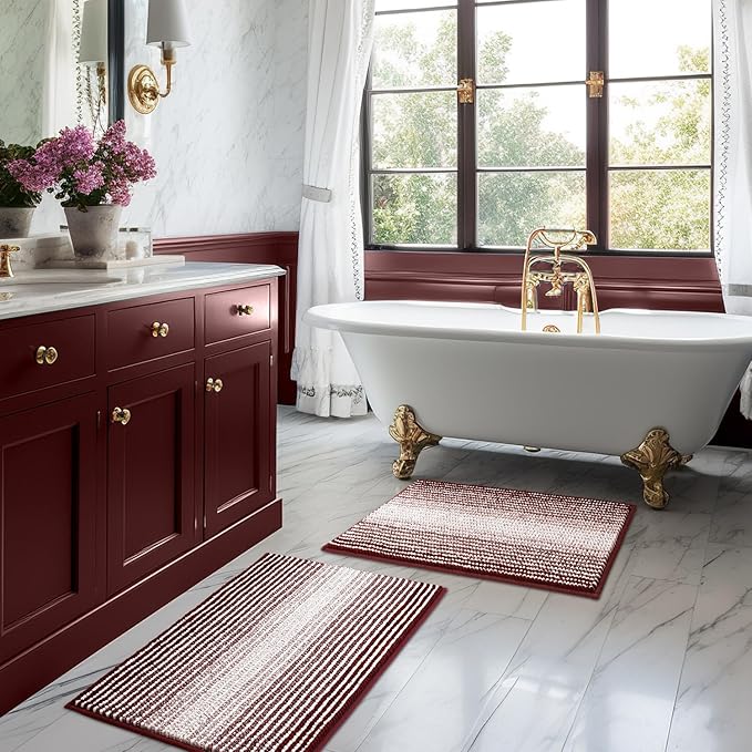 Bathroom Rugs and Mats Sets, 2 Piece Thick Absorbent Chenille Bath Mat Rug Set Non Slip, Soft Shaggy Bath Room Floor Mats for Bathroom, Machine Washable (Burgundy Red, 20" x 32" Plus 16" x 24")
