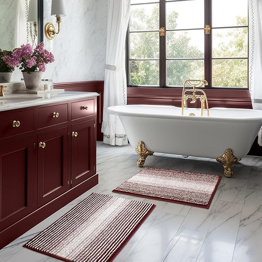 Bathroom Rugs and Mats Sets, 2 Piece Thick Absorbent Chenille Bath Mat Rug Set Non Slip, Soft Shaggy Bath Room Floor Mats for Bathroom, Machine Washable (Burgundy Red, 20" x 32" Plus 16" x 24")