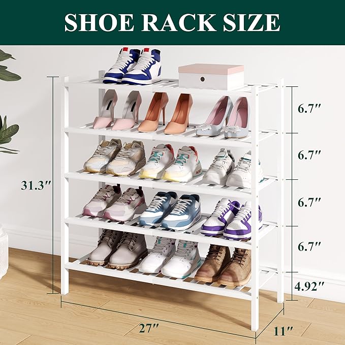 Smiry Bamboo Shoe Rack for Closet, 5 Tier Wooden Stackable Shoe Organizer, Free Standing Shoes Storage Shelf for Entryway, Front Door Entrance, White