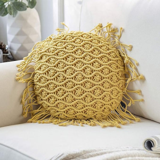 Phantoscope Macrame Cotton Handmade Crochet Woven Boho Throw Pillow with Tassel Cute Farmhouse Pillow Insert Included Lumbar Small Decorative Cushion for Couch Sofa, Ginger,16 inches Round