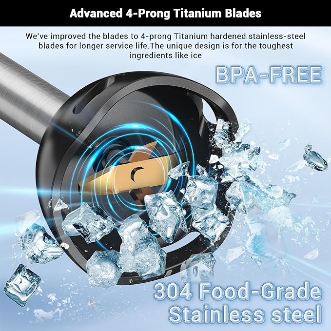 Immersion Blender RPM 16000±10% Scratch Resistant Hand Blender,15 Speed and Turbo Mode Hand Mixer, 3-in-1 Heavy Duty Copper Motor Stainless Steel Smart Stick with Egg Beaters and Chopper