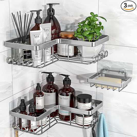 YASONIC Corner Shower Caddy, 3-Pack Adhesive Bathroom Caddy with Soap Holder and 12 Hooks, Rustproof Stainless Steel Shower Organizer, No Drilling Wall Mounted Shower Rack, Brushed Silver
