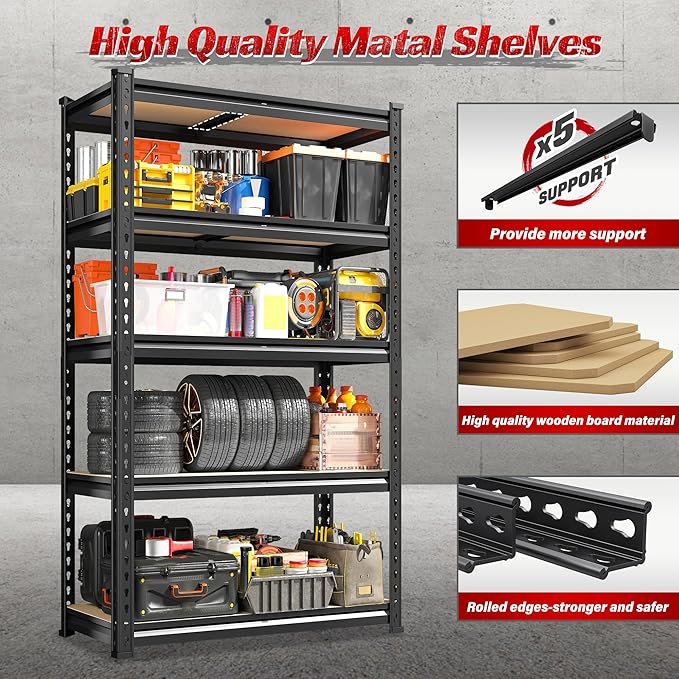 REIBII Set of 2 Storage Shelves 5 Tier Garage Shelving Heavy Duty Metal Shelving 2000LBS Garage Shelves Adjustable Metal Shelf for Kitchen Warehouse Pantry Closet, 27.6" W x 11.8" D x 60" H