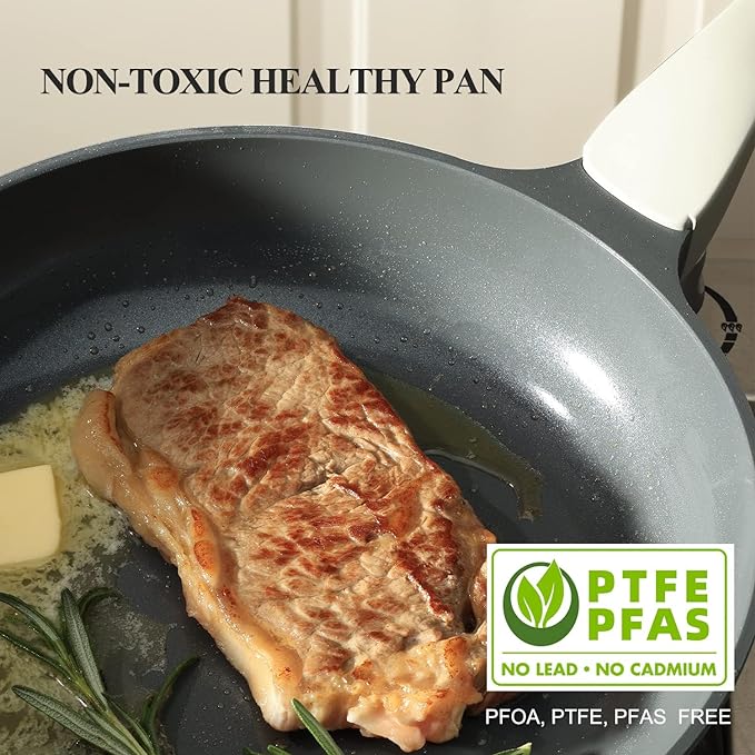 Nonstick Ceramic Frying Pan with Lid, Non Toxic Skillet, Healthy Egg & Omelet & Chef's Pan, PTFE PFOA & PFAS Free, Induction Compatible (12Inch W/L)