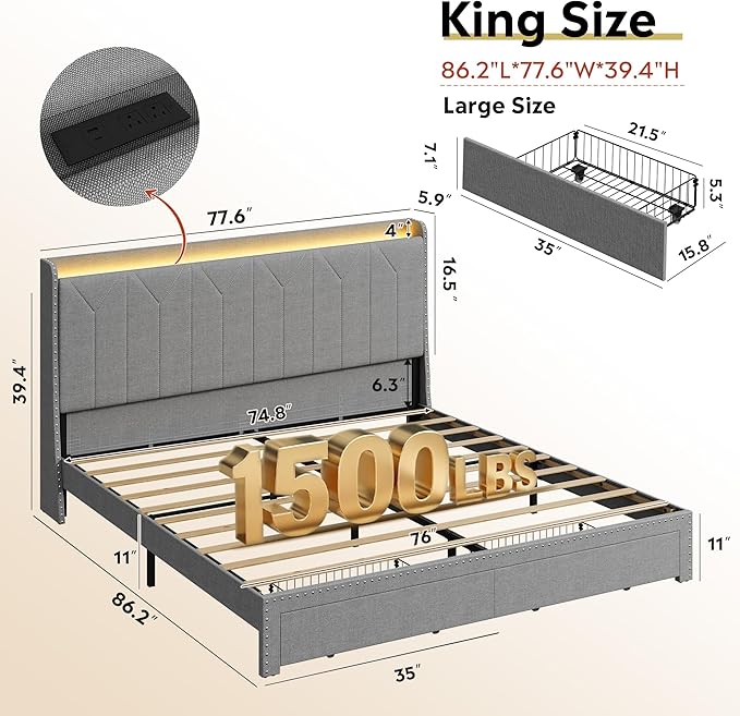 WLIVE King Size Upholstered Bed Frame with 2 Drawers, Linen Tufted Storage Headboard with Charging Ports and LED Light, Sturdy Metal & Wooden Slats Support, No Box Spring Needed, Light Grey