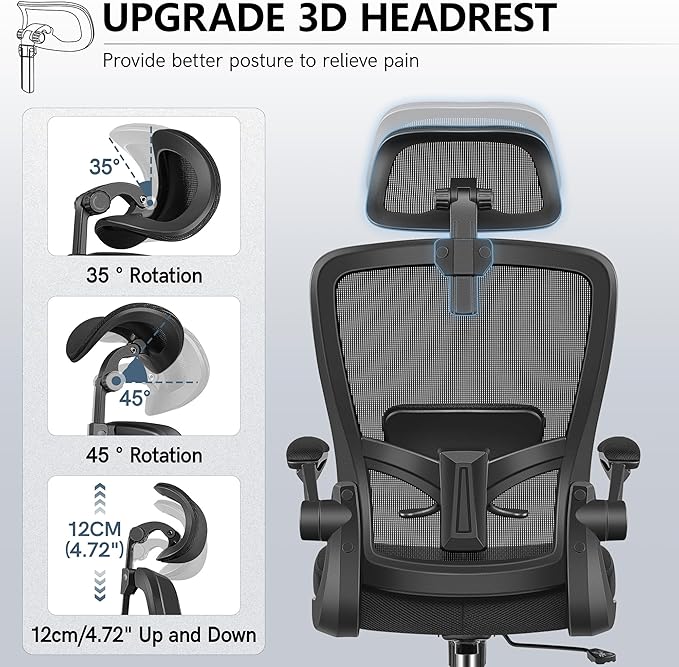 FelixKing Ergonomic Office Chair with Adjustable Headrest, Desk Chair Lumbar Support Swivel Task Chair with Flip up Armrests, Computer Gaming Chair for Home/Conference Room (Black)