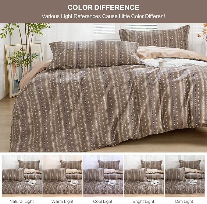 SAPHREAS Brown Stripe Duvet Cover Set Twin Size 2pcs Floral Pattern Bedding Comforter Cover Set 100% Cotton 1 Duvet Cover 68"x90" 1 Pillow Sham, Comforter Not Included
