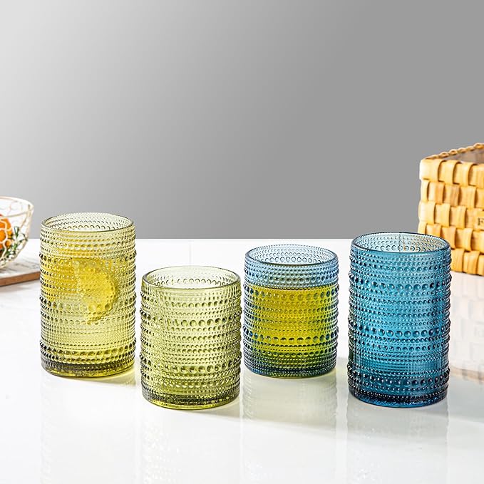 Set of 8 Hobnail Drinking Glasses Colored Vintage Glassware - 4 Highball Glasses 14 oz, 4 Rocks Glass Cup 11 oz, Embossed Old Fashioned Glassware for Water, Juice, Wine, Beer (4 Colors)