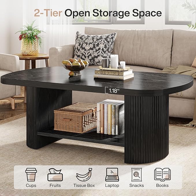 Tribesigns Oval Coffee Table, Mid-Century 2-Tier Coffee Table with Storage Shelf, Modern 45.27" Accent Center Table with Wooden Dual Base for Living Room Bedroom Apartment (Black)