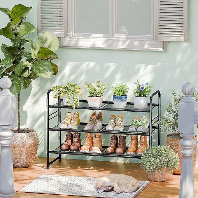 SUFAUY 3-Tier Mesh Shoe Rack, Closet Metal 33" Wide Shoe Rack Organizer Heavy Duty, Black