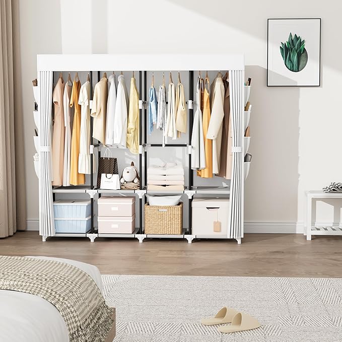 Portable Closet for Hanging Clothes, 67 Inch Wide Portable Wardrobe Closet with Cover, 4 Hanging Rod, Storage Shelves and Side Pockets, Large Free Standing Closet for Bedroom, White