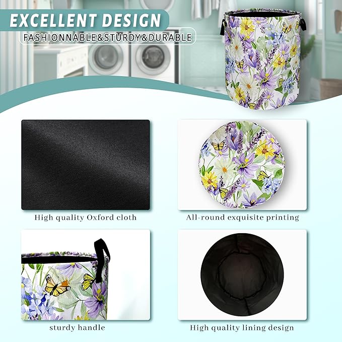 Purple Flower With Butterfly Laundry Basket Foldable With Handles Tote Bag Oxford Cloth Colorful Laundry Hamper 18.9"x16.5 "Clothe Storage Bucket Toy Organizer For Bathroom/Laundry/Bedroom