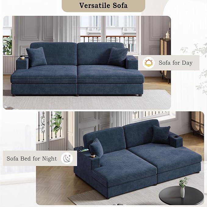 Merax 86.5" W*62" L Oversized Sleeper Sofa Bed, Corduroy Upholstery Sectional Couch Loveseat Chaise Lounge with 2 Throw Pillows, USB Ports, Cup Holders for Living Room and Bedroom, Blue