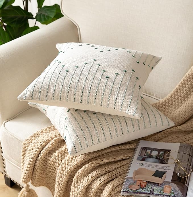Caflife Boho Throw Pillow Covers 18x18 Set of 2 Decorative Pillows for Bed, Neutral Pillow Covers Beige with Green Line Throw Pillows for Modern Farmhouse Couch Sofa Living Room Outdoor
