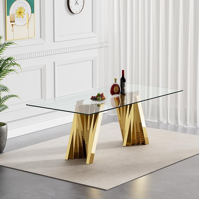 Goujxcy 70" Glass Dining Table Set for 6, Modern Gold Dining Table Set with 6 Green Velvet Upholstered Dining Chairs, 7 Piece Kitchen Dining Room Table Set with Stainless Steel Legs