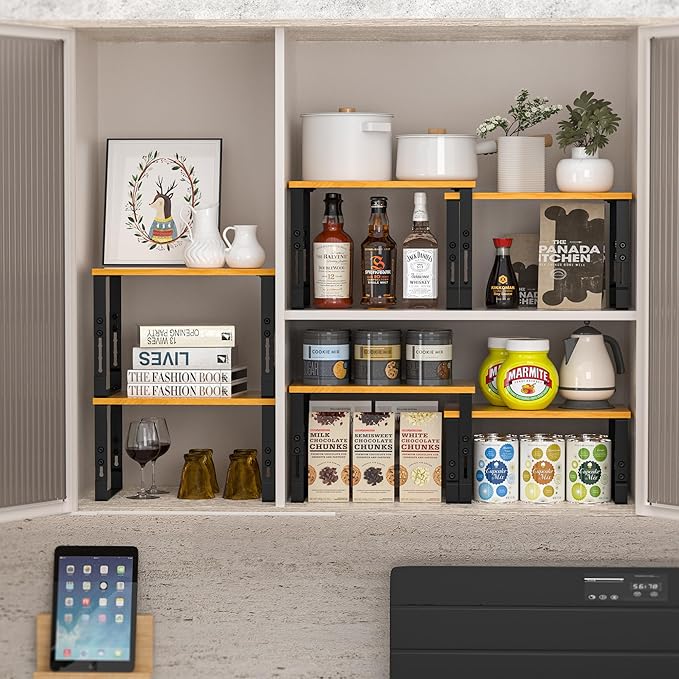 Expandable Kitchen Cabinet Organizer Shelves – Stackable Adjustable Metal and Wood Storage Racks for Countertop, Pantry, Garage Set of 2 Spice Rack – Easy Assembly, Space-Saving(1 Pack/Large/Black)