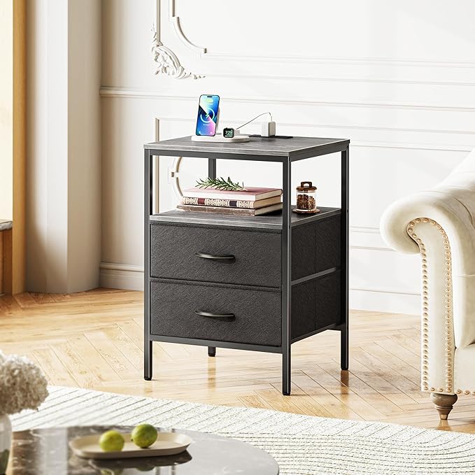 Huuger Night Stand with Charger Station, 27.7 Inch Tall Nightstand, Bed Side Table with 2 Fabric Drawers, Fabric Drawer Dresser for Bedroom, Living Room, Grey