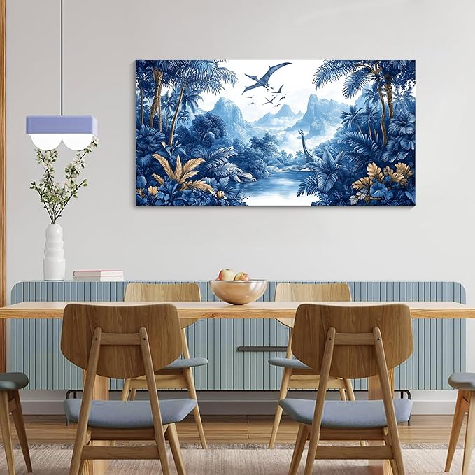 HKDGOKA Vintage Forest Wall Art, Blue Large Jurassic Dinosaur Canvas Pictures Tree Mountains Lake Landscape Paintings Artwork for Bedroom Living Room Kitchen Home Office Decor 24x48 IN