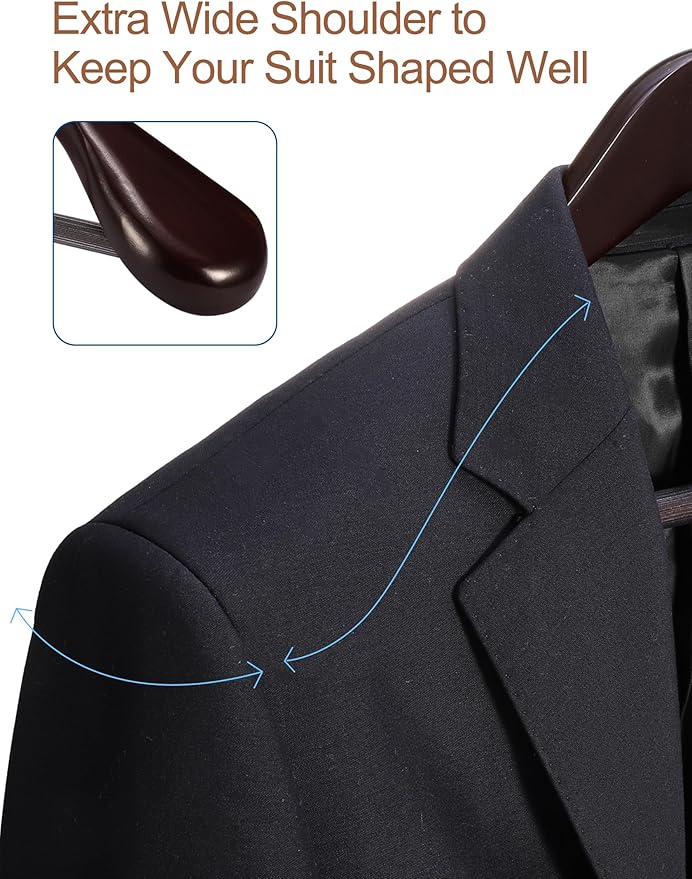 HOUSE DAY Wood Suit Hangers for Men, Wide Shoulder Wooden Hangers with Non Slip Pants Bar, Smooth Retro Finish 360° Swivel Hook Solid Wood Coat Hangers for Heavy Clothes Hanger 6 Pack (Cherry Wood)