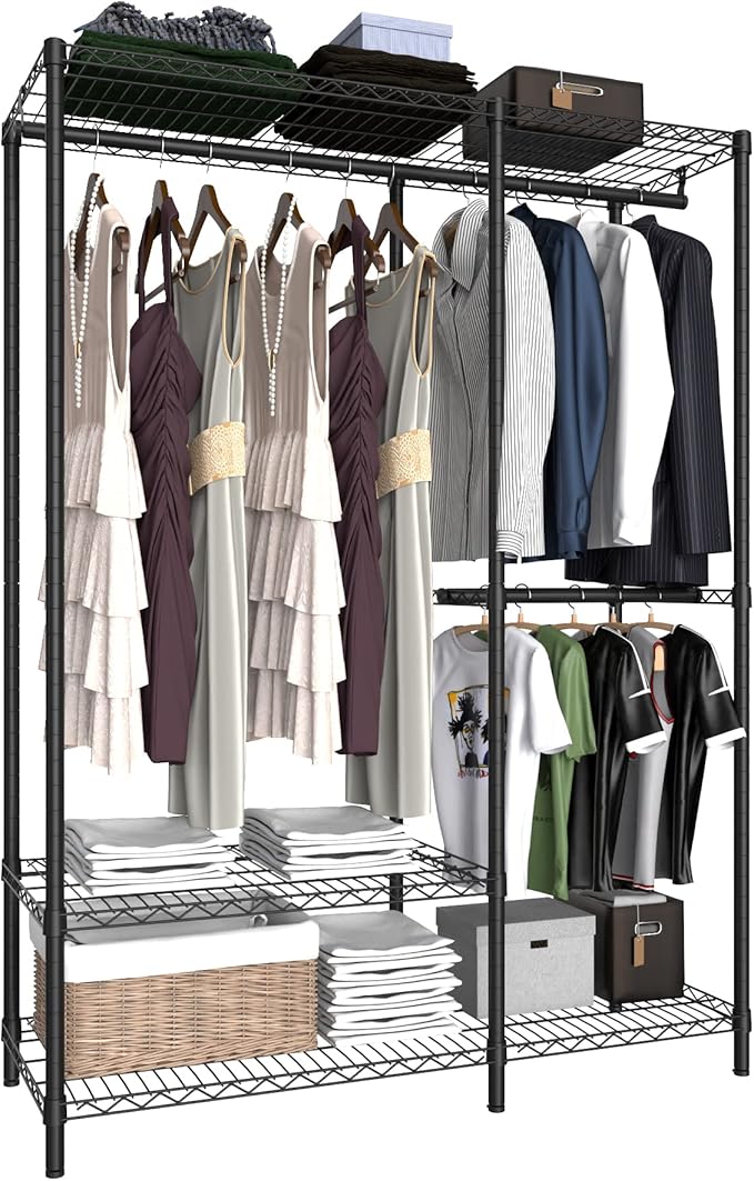 Heavy Duty Garment Rack for Hanging Clothes,Wire Metal Clothing Rack,Adjustable Portable Clothing Rack,Freestanding Open Wardrobe Organizer Rack,39.5"L x 15.75"W x 75.6"H Max Load 600LBS,Black