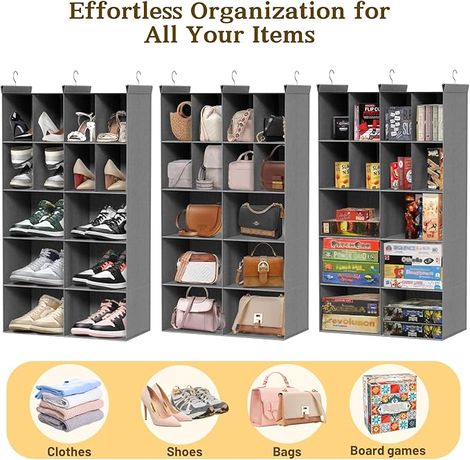 5 Tier Hanging Closet Organizer, 14 Compartments Sweater Organizer for Closet with 3 Sturdy Hooks, Closet Organizers and Storage, Wardrobe, Rv, Garment Rack, Grey