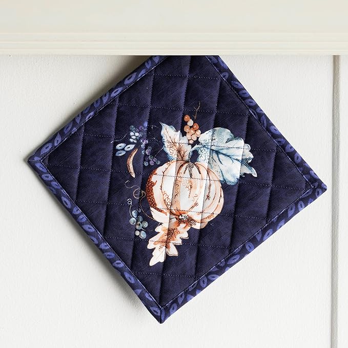 Maison d' Hermine 100% Cotton Oven Mitt & Pot Holder Set (7.5"x13" & 8"x8") Heat Resistant BBQ Cooking Gloves with Loop for Thanksgiving Christmas Decorations Handling Hot Pans (Pumpkin Blues)