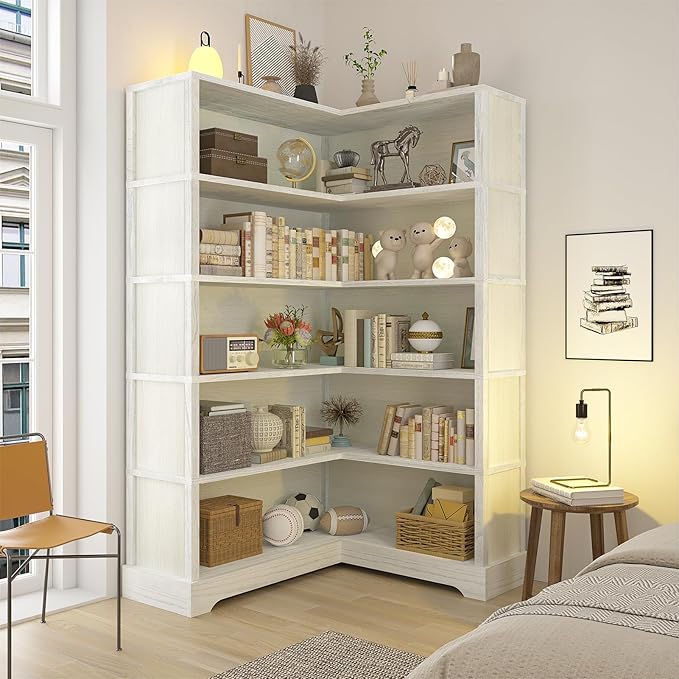 TVU Wood Corner Book Shelf, 5 Tier 65 Inch Tall Bookshelf with Storage, Floor Standing Display Book Shelf for Living Room, Kitchen, Home Office, Antique White