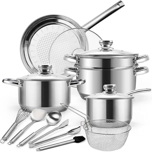 15-Piece Stainless Steel Cookware Set, Non-Toxic Pots and Pans Set with Glass Lids, Kitchen Induction Cookware with Steamer, Utensils Set & Fry Basket, Dishwasher & Oven Safe, Silver