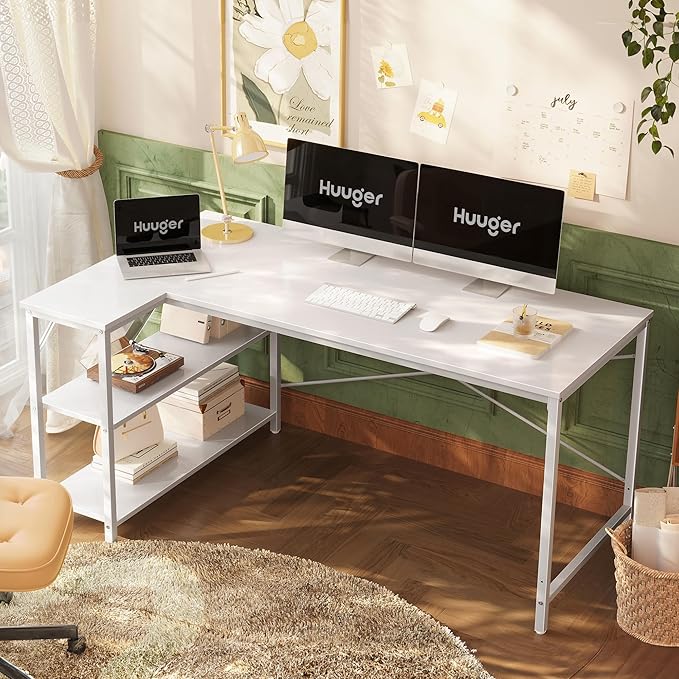 Huuger L Shaped Desk, 55 Inches Computer Desk with Reversible Storage Shelves, for Gaming Corner Home Office Writing Study, Metal Frame, White