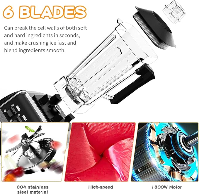 Professional Blender for Kitchen, 2200 Watt Countertop Food Blender Machine with Built-in Timer for Frozen Fruit, Crushing Ice, Veggies, Shakes and Smoothie 64 oz Container for Home and Commercial